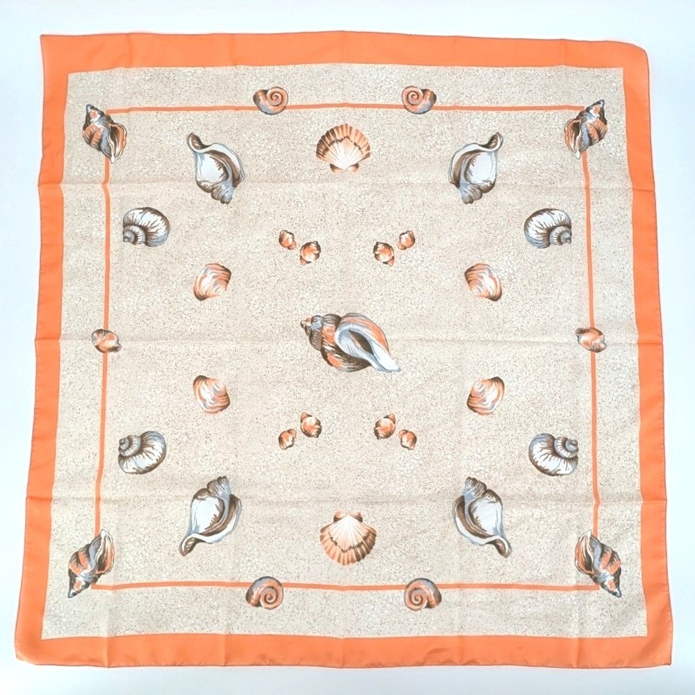 Vintage Style Seashell‎ Print Square Scarf Orange Border Coastal Nautical Beige